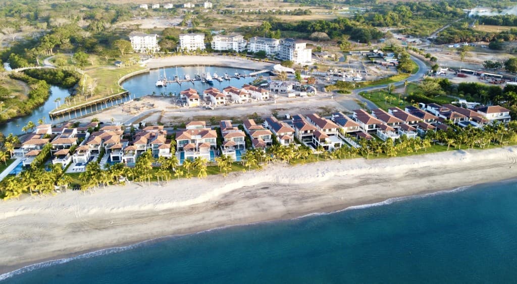 Aerial view of Buenaventura marina and beachfront villas